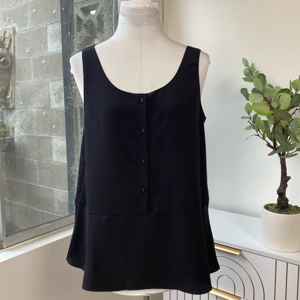 HATCH Fabric Button Front Swing Sleeveless Flutter Hem Blouse in Black, Size S - Picture 2 of 7